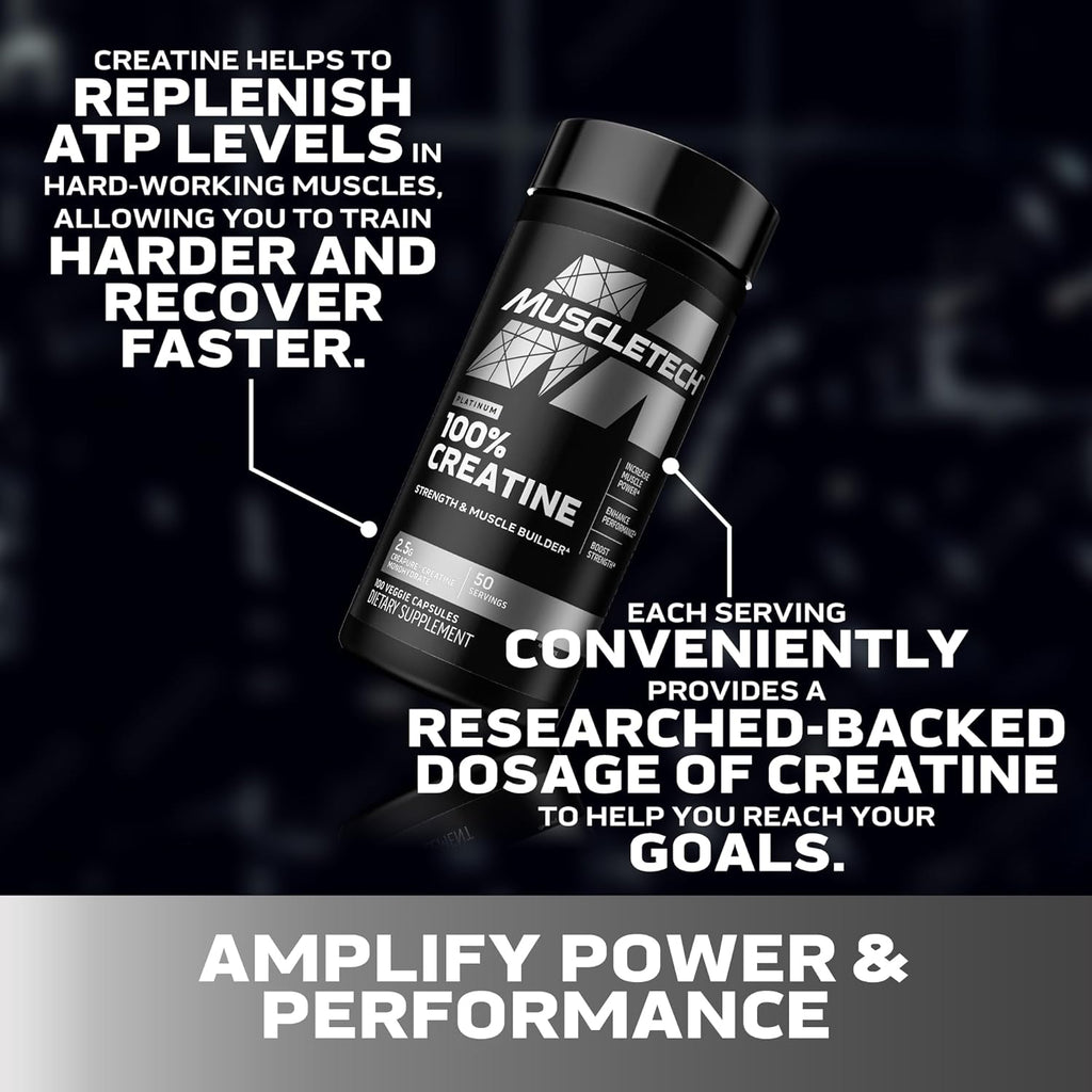 MuscleTech Platinum Creatine Monohydrate Capsules - Creapure Creatine Pre & Post Workout Muscle Builder, Muscle Recovery & Energy Boosting Supplement for Men & Women - 100 Veggie Pills