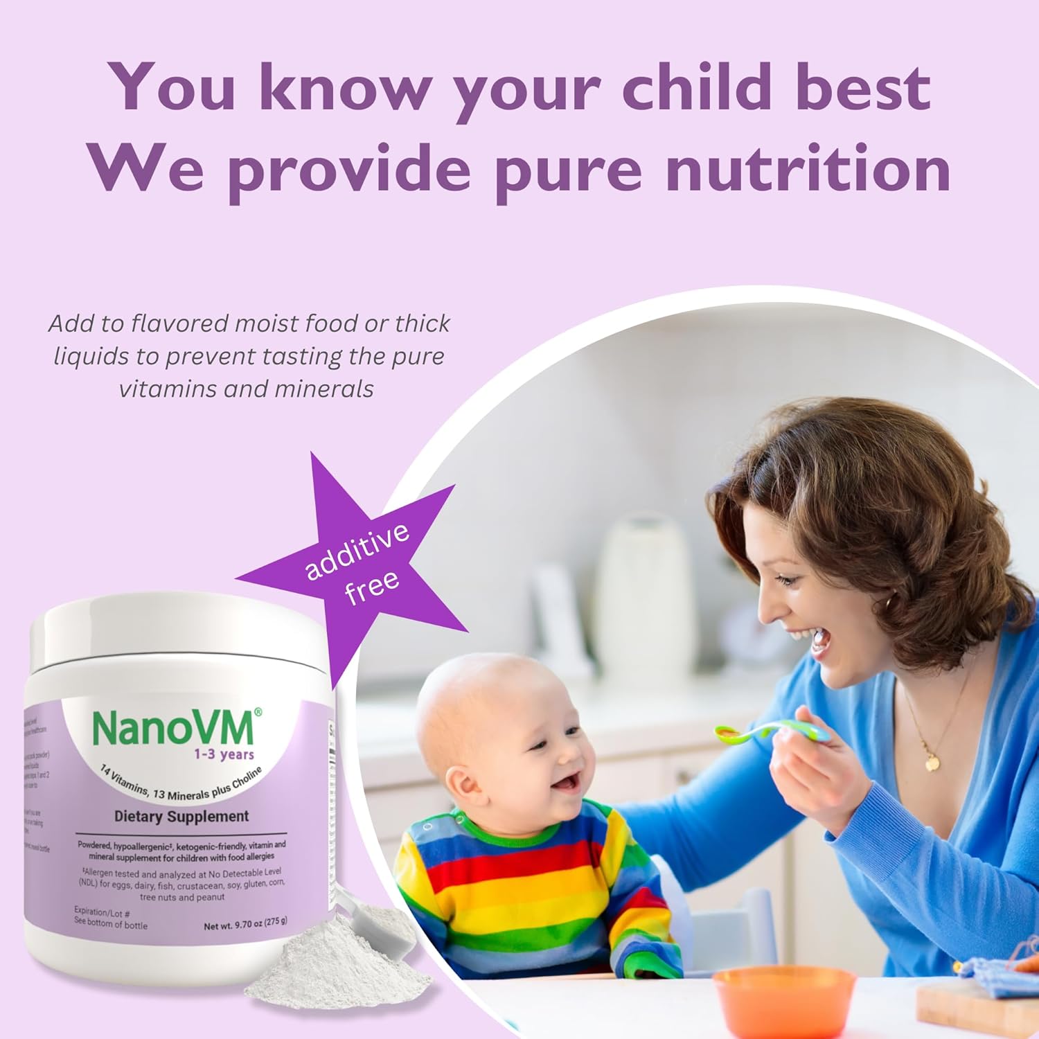 1-3 Years, Allergen-Free Multivitamin for Kids, Unflavored Dietary Supplement, Powdered Supplement with 14 Vitamins & 13 Minerals, Low-Carbohydrate Toddler Vitamins, 275g - Solace Nutrition