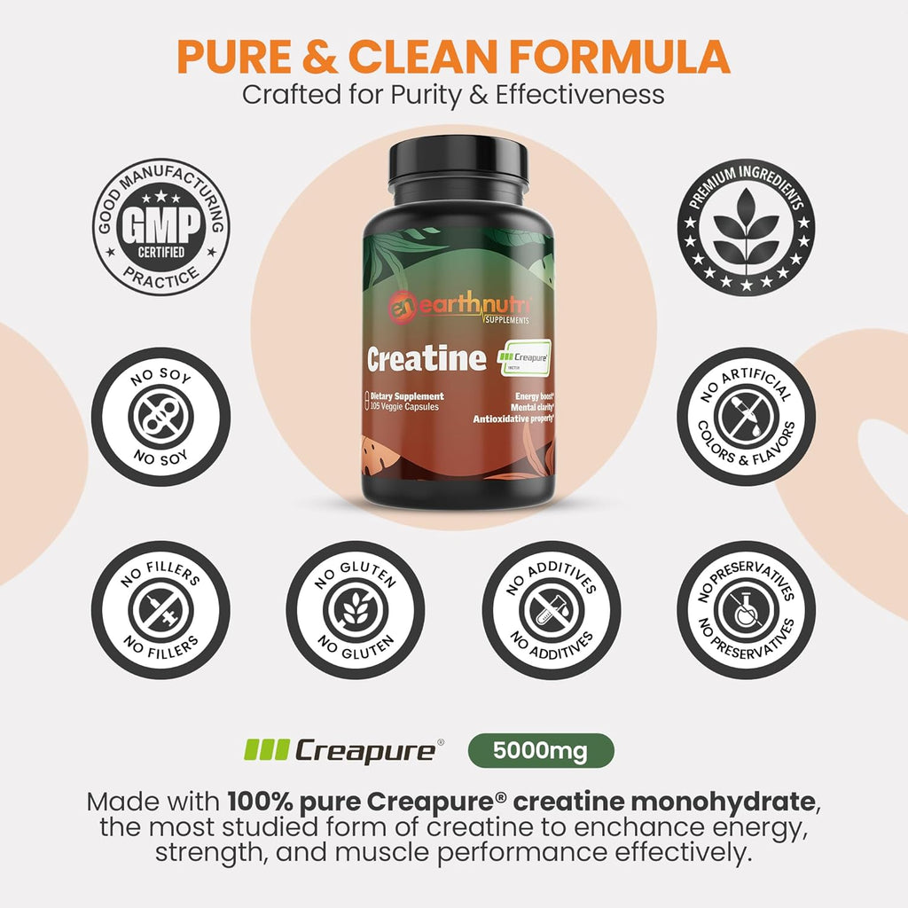 EarthNutri Creatine Monohydrate Capsules - Micronized for Better Absorption - Supports Muscle Strength, Strength & Recovery - 105 Capsules (5000mg per Serving, 7 Capsules)