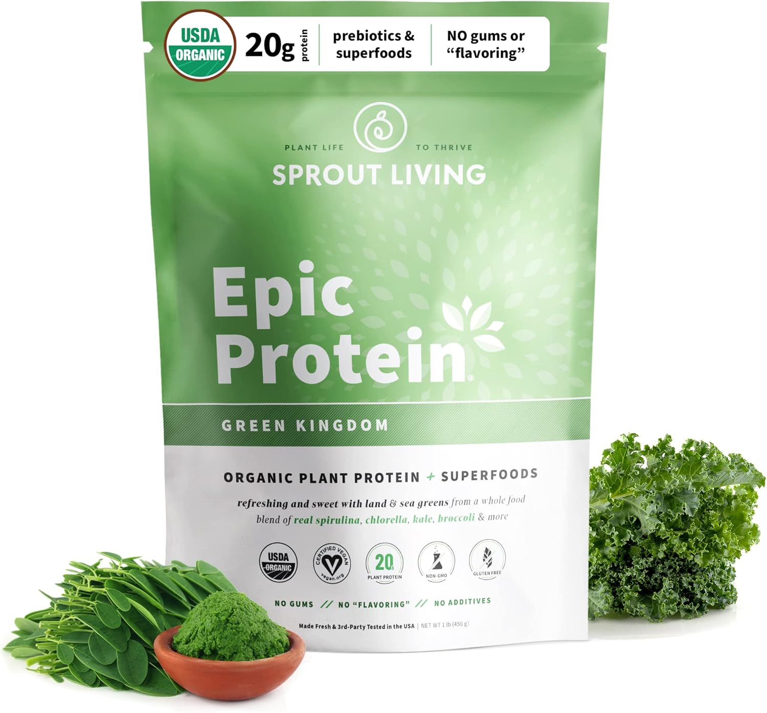 Sprout Living Epic Protein, Plant Based Protein & Superfoods Powder, Green Kingdom | 20 Grams Organic Protein Powder, Greens, Vegan, Non Dairy, Non-GMO, Gluten Free, Low Sugar (1 Pound, 12 Servings)