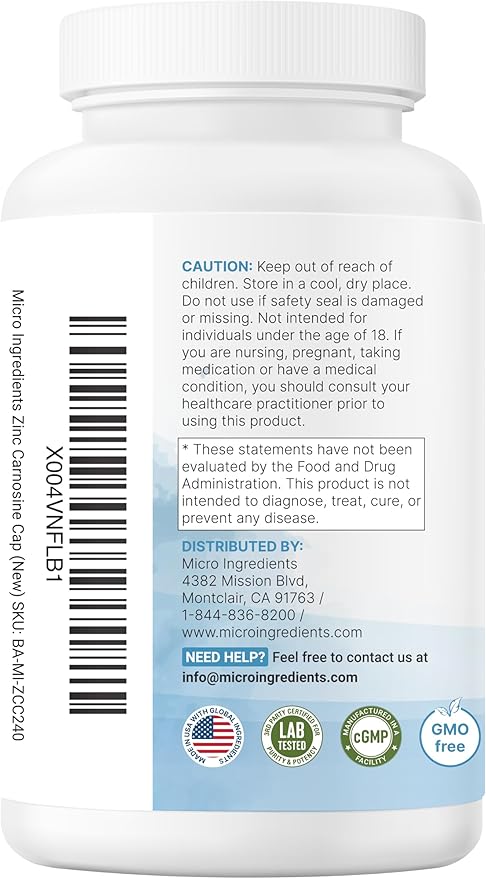 Zinc Carnosine 75mg, 240 Veggie Capsules | 10-in-1 Zinc Supplements for Men & Women with Glutamine, DGL Licorice, Quercetin, Slippery Elm Bark, & Ginger Root | Non-GMO, Gluten Free