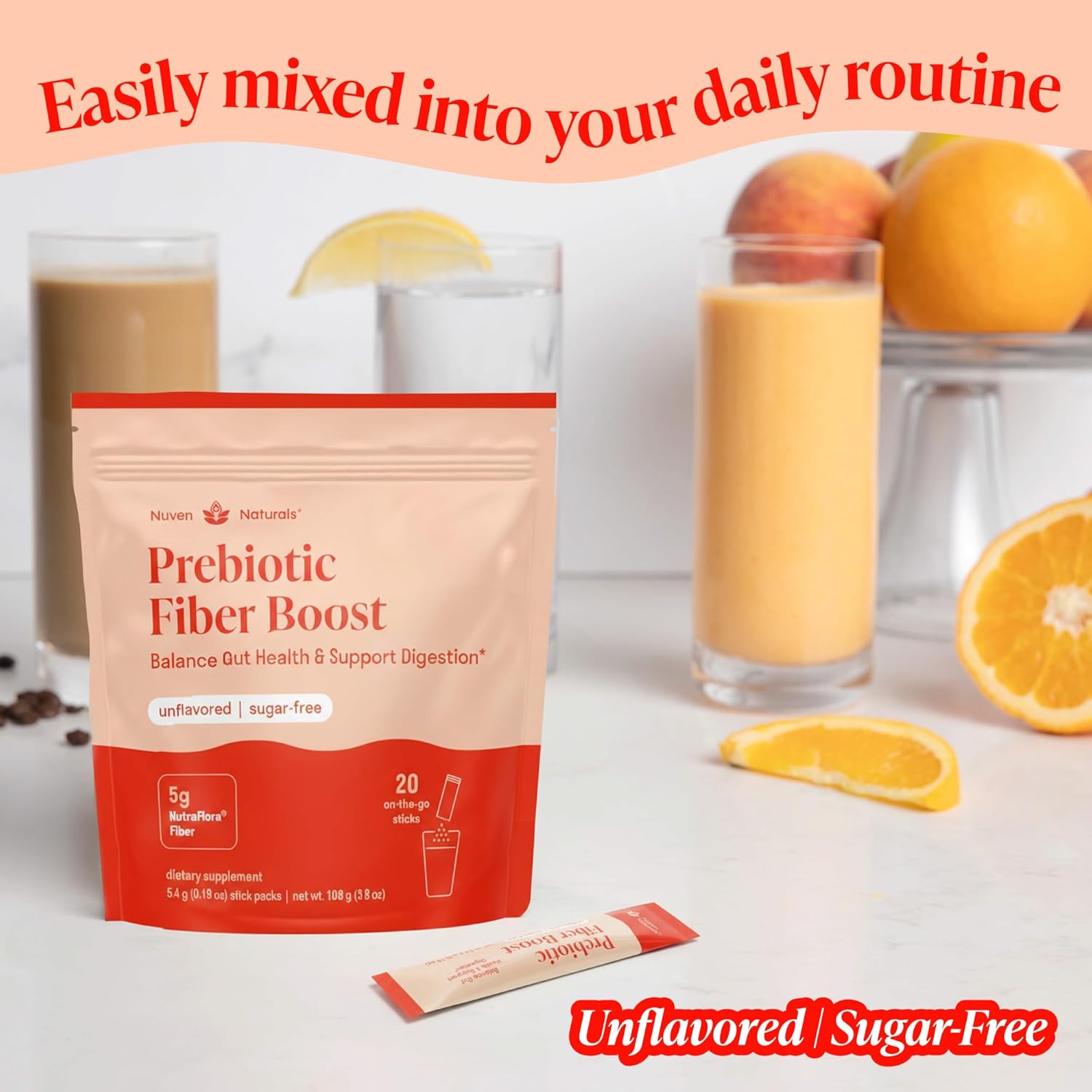 Prebiotic Fiber Powder - Unflavored & Sugar Free | 20 Sticks / Servings | Fiber Supplement to Support Digestive Regularity, Gut Health, Bloating & Immune Support - Soluble Prebiotic Powder Daily