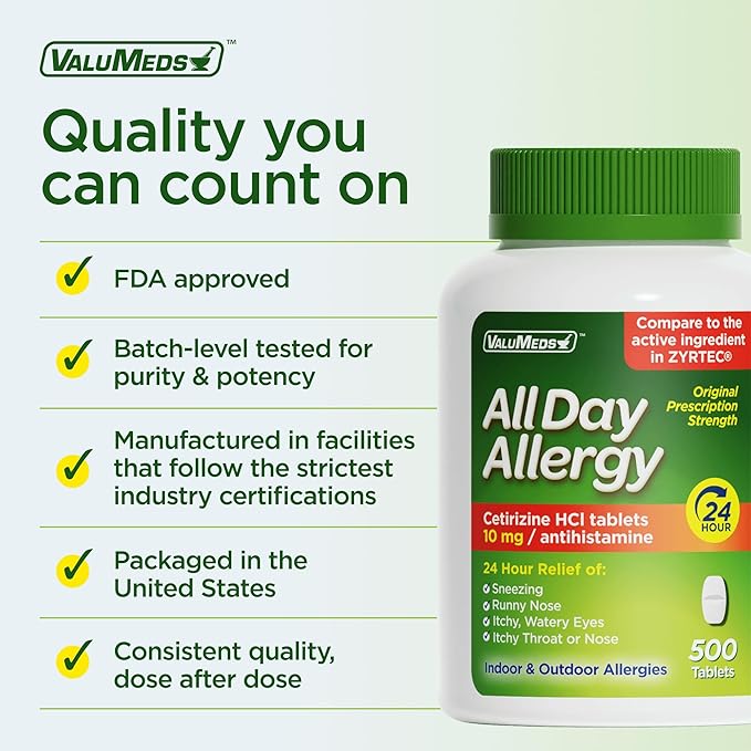 ValuMeds 24-Hour Allergy Medicine Antihistamine for Pollen, Hay Fever, Dry, Itchy Eyes, Allergies | Cetirizine HCl 10mg Caplets, Compare to Leading Brand (500 Count)