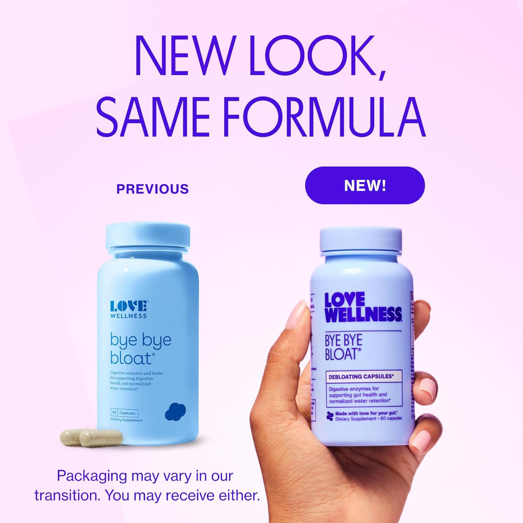 Love Wellness Bye Bye Bloat | Digestive Enzymes for Fast Acting Bloating Relief for Women | Helps Reduce Water Retention & Gas Relief | Supports Digestive Health with Fenugreek & Dandelion | 60 Count