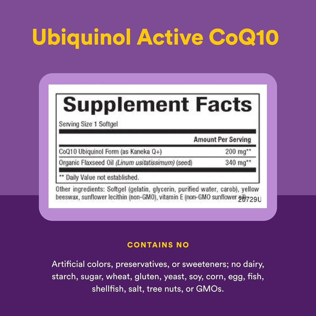 Natural Factors Ubiquinol Active CoQ10 200 mg, High-Absorption Coenzyme Q10 Supplement for Energy, Heart and Cognitive Support, 100mg, 30 Softgels