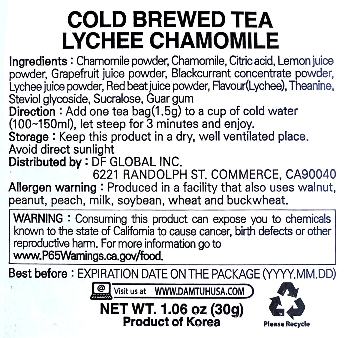 Damtuh Lychee Chamomile Cold Brew Tea - Zero Carbs Zero Sugar, Sweet Cold Tea Beverage with Stevia 30g (20 tea bags)