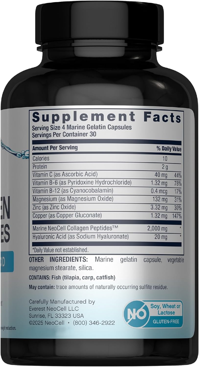 NeoCell Marine Collagen With Collagen Type 1 and 3 and Hyaluronic Acid, With Hydrolyzed Collagen, Skin Health Supplement, Capsule, 120 Count, 1 Bottle