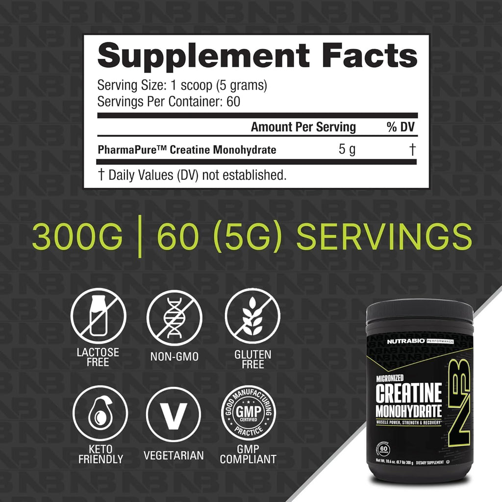 NutraBio Pure Micronized Creatine Monohydrate Powder Supplement, Unflavored, (300 g) - Supports Bulk Muscle Energy, Recovery, and Strength - HPLC Tested Creatine Powder Supplement for Men and Women