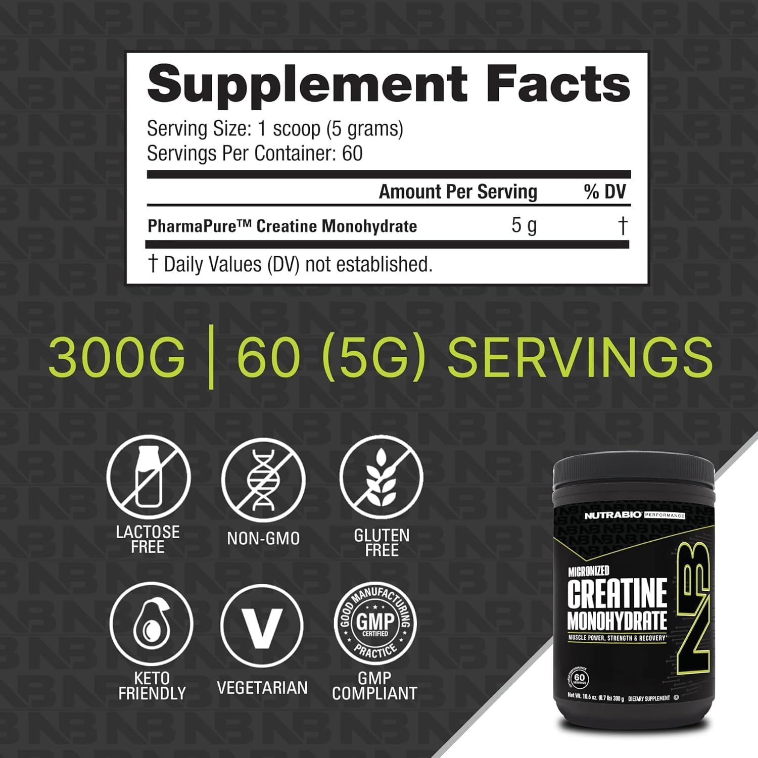 NutraBio Pure Micronized Creatine Monohydrate Powder Supplement, Unflavored, (300 g) - Supports Bulk Muscle Energy, Recovery, and Strength - HPLC Tested Creatine Powder Supplement for Men and Women