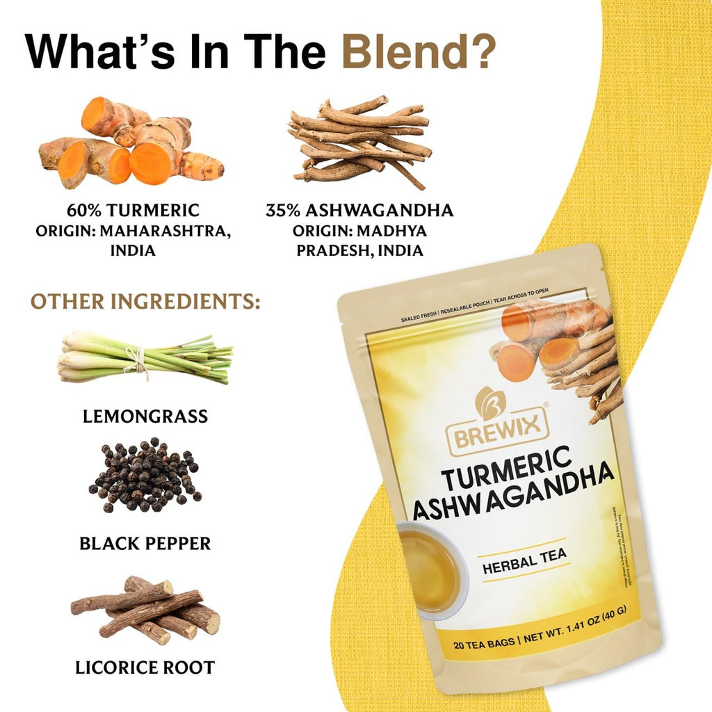 BREWIX, Turmeric Ashwagandha Herbal Tea Bags (20 Pyramid Tea Bags) Real Ingredients From India, Caffeine Free & Naturally Gluten Free | 100% Pure Herbal Blend Packed in Resealable Ziplock Pouch
