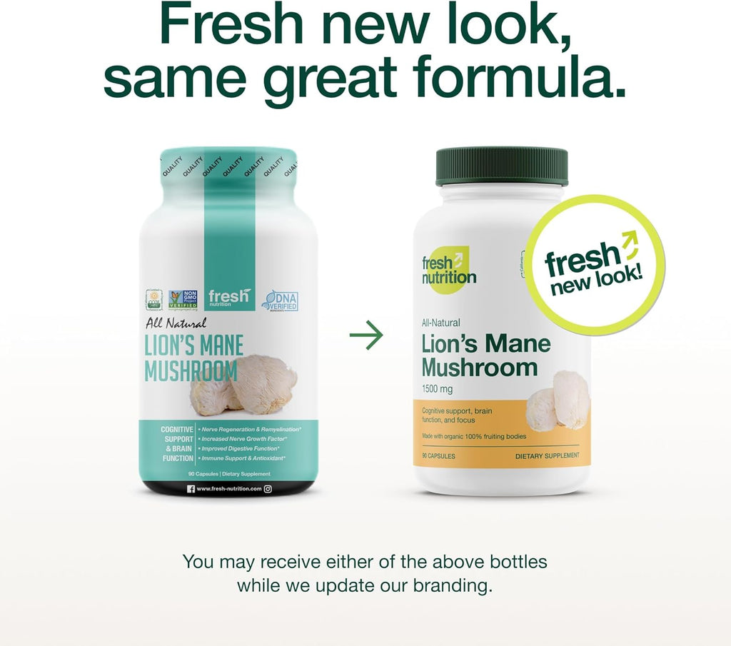 Fresh Nutrition Organic Lions Mane Mushroom Capsules - Strongest DNA Verified Formula - Rich in Alpha Glucan - Powerful Superfood Supplement - Brain, Immune System Benefits - Vegan Friendly