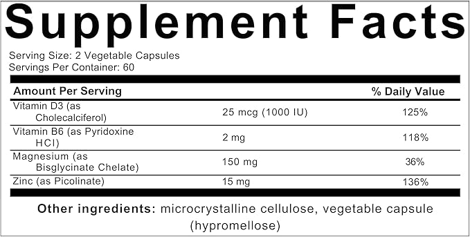 Magnesium Glycinate Complex 4-in-1 - Chelated Magnesium Bisglycinate (150 mg Elemental) with Zinc Picolinate, Vitamin D3 & B6-120 Vegan Capsules, Non-GMO - Men & Women