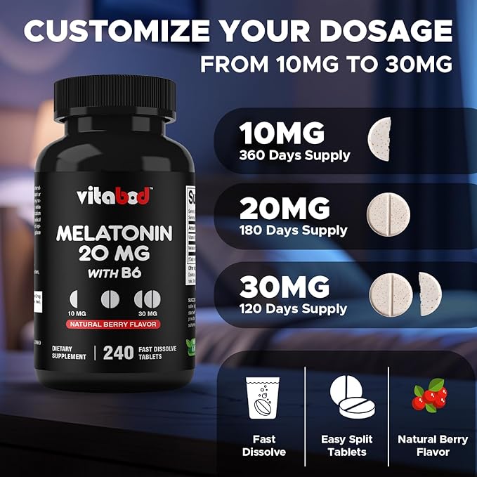 Melatonin 20 mg - 240 Fast Dissolve Tablets - Drug Free - Natural Berry Flavor - Vegetarian, Non-GMO, Gluten Free 240 Count (Pack of 3)