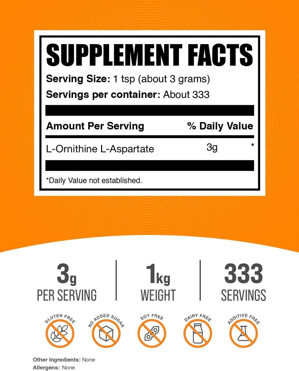BulkSupplements.com L-Ornithine L-Aspartate Powder - Ornithine Supplement, Amino Acid Supplement - Gluten Free, 3g per Serving, 1kg (2.2 lbs) (Pack of 1)