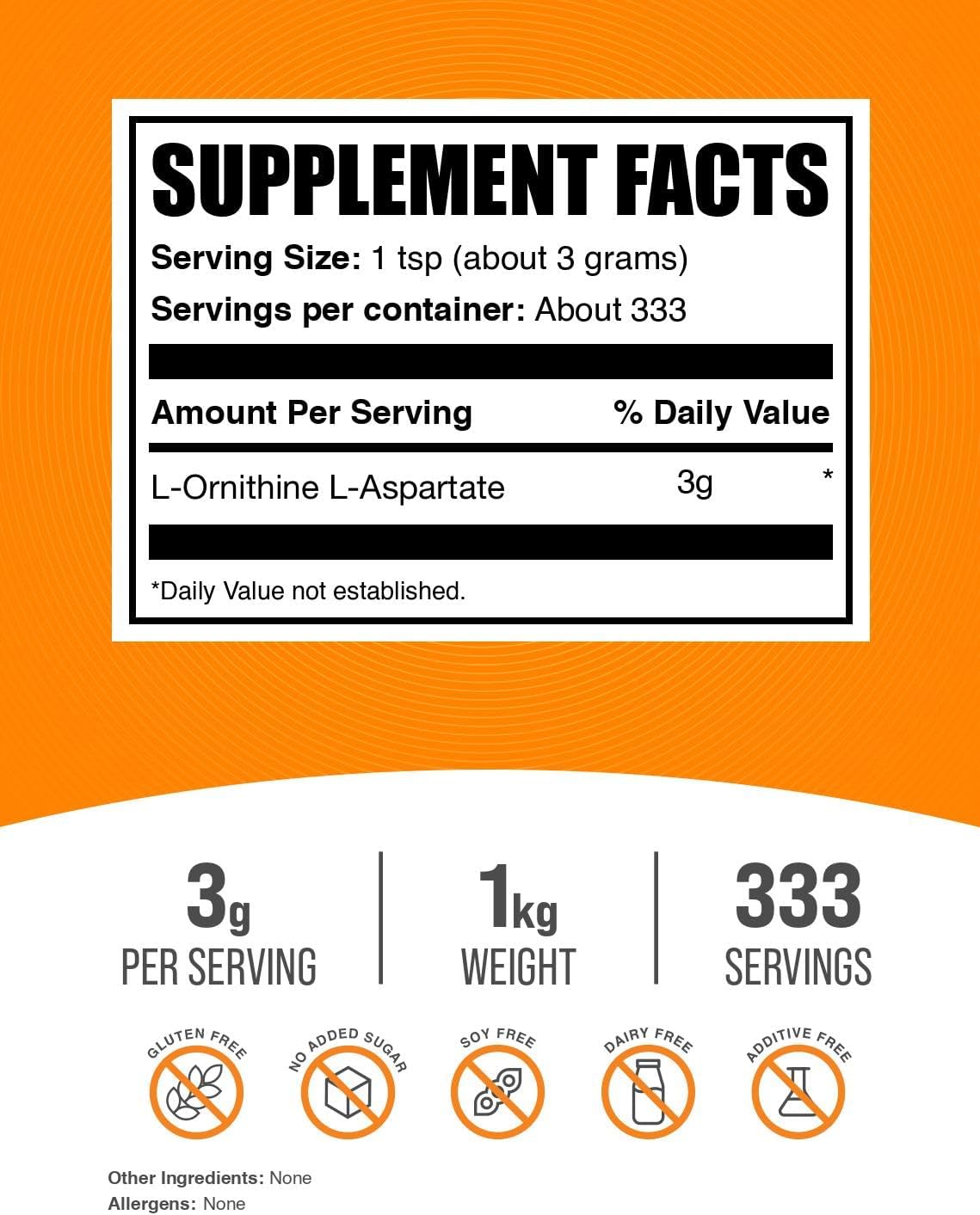 BulkSupplements.com L-Ornithine L-Aspartate Powder - Ornithine Supplement, Amino Acid Supplement - Gluten Free, 3g per Serving, 1kg (2.2 lbs) (Pack of 1)