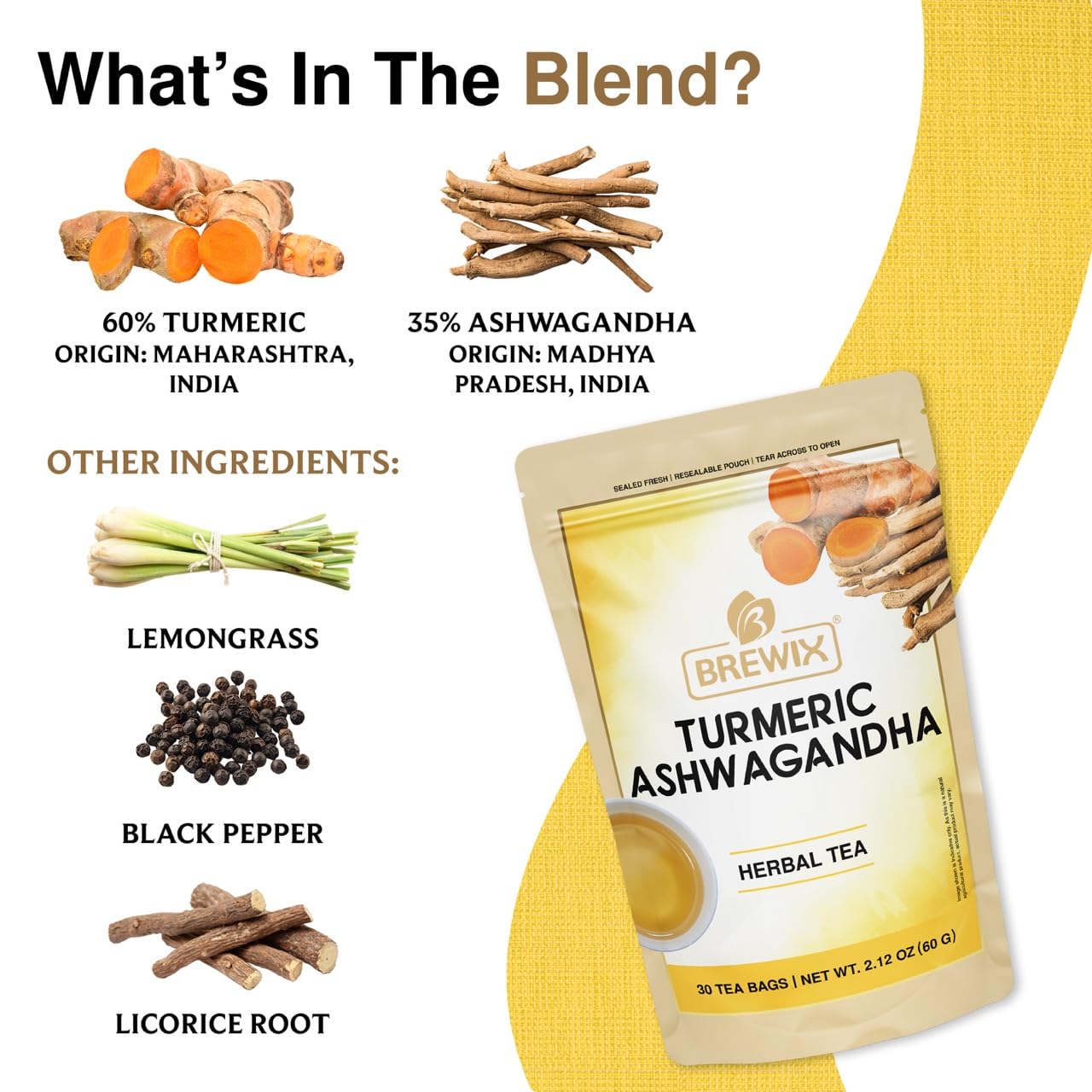 BREWIX, Turmeric Tea with Ashwagandha Root (30 Plant Based Tea Bags) Herbal Tea For Health & Wellbeing, Caffeine Free & Naturally Gluten Free | Supports Restful Sleep