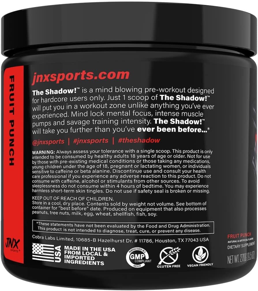 JNX SPORTS The Shadow! 350mg of Caffeine Hard Core Preworkout - Fruit Punch 30 Servings | Electric Energy, Mental Focus & Superhuman Strength for Men & Women