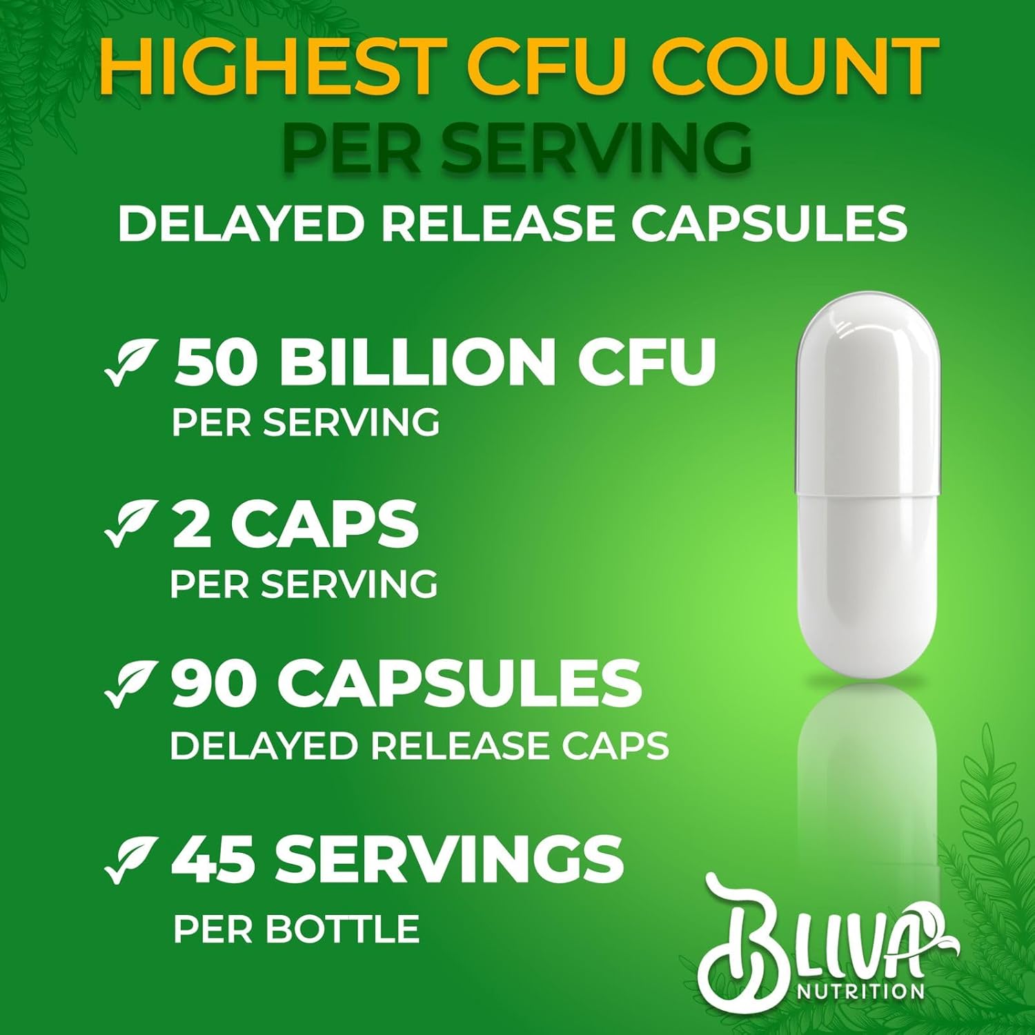 BLIVA Lactobacillus Gasseri Capsules – L Gasseri - 50 Billion CFU per Serving - Highest CFU Count L. Gasseri Supplement - 90 Capsules