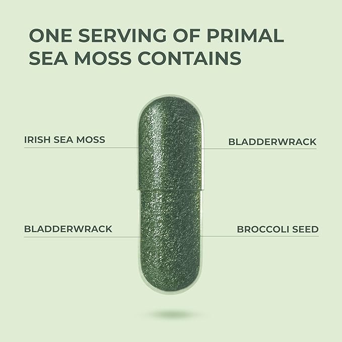 Primal Harvest Sea Moss Capsules with Bladderwack and Irish Sea Moss, Chlorella, Broccoli Seed Extract Plant-Based Supplements for Adults