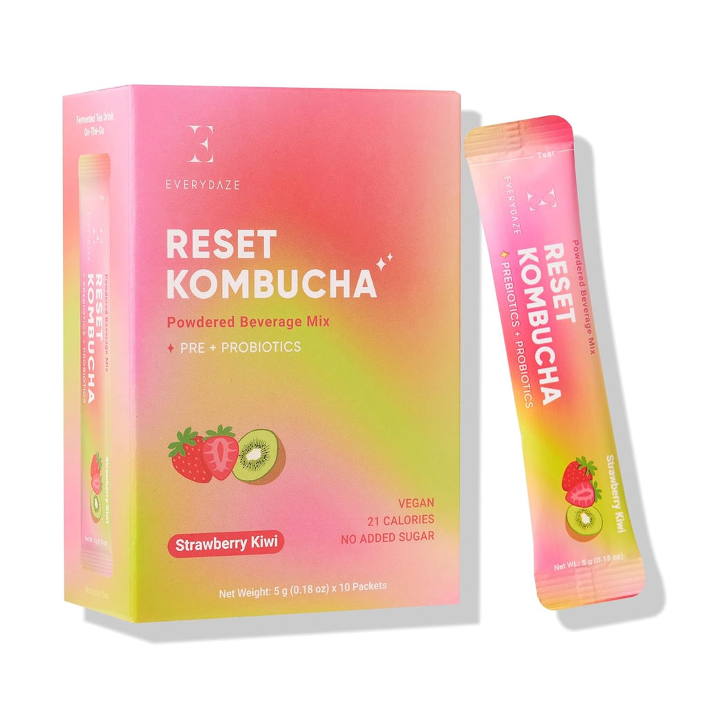 Everydaze Reset Kombucha Tea Powdered Beverage Mix | 10 Sticks | Prebiotics + Probiotics | Vegan | No Added Sugar, Gluten Free, Sparkling Powder Drink Pack (Strawberry Kiwi)
