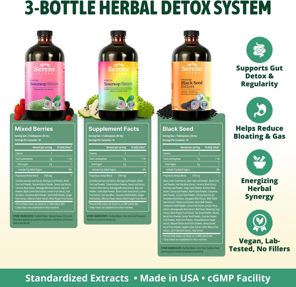 Serene Herbs Soursop Bitters Liquid, Mixed Berries & Black Seed Triple Bundle – Organic Herbal Guanabana for Digestive Support & Immune Health – Vegan, Non-GMO – 48 oz (16 oz Each), 3 Pack