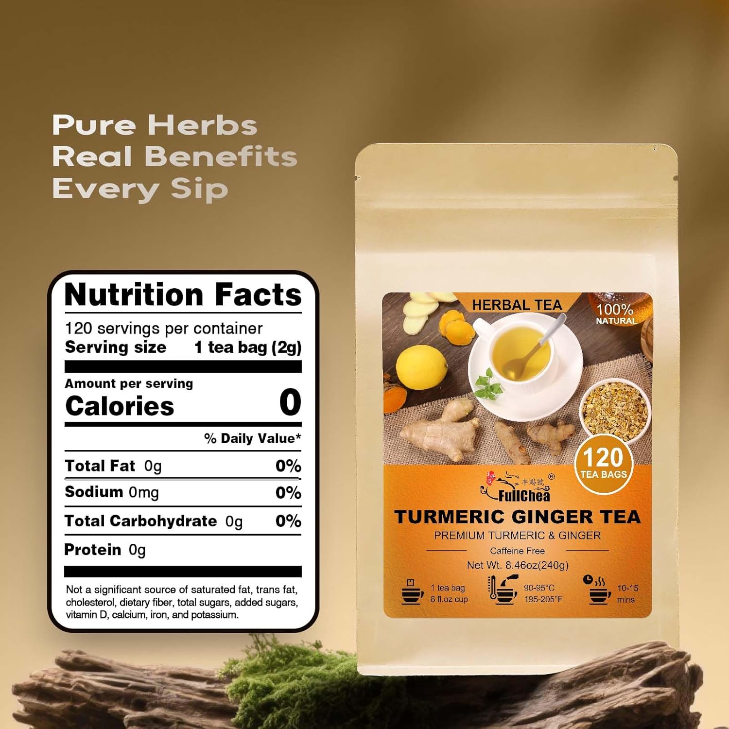 FullChea - Turmeric Ginger Tea Bags, 2g×120 Count - Premium Ginger & Turmeric - Non-GMO - Caffeine-free - Aid Digestion & Provide Antioxidants