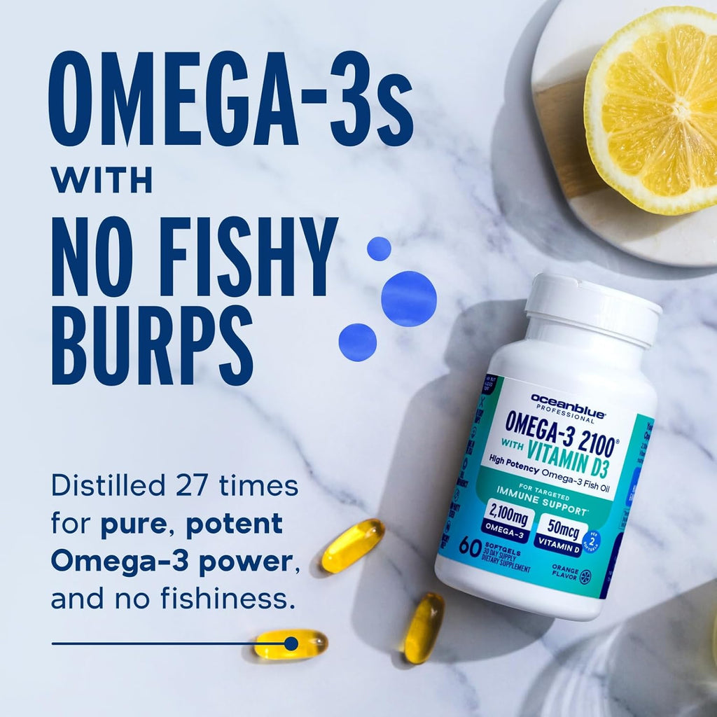 Oceanblue Professional Fish Oil with Vitamin D3 | Triple Strength 2100mg Omega 3 DPA EPA DHA | Wild Caught | Burpless Orange Flavor, 90 Servings (180 Count)