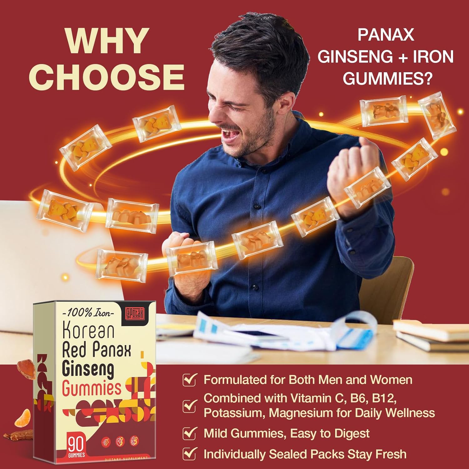 Korean Red Panax Ginseng Supplement Gummies - Iron Supplements for Women & Men - Iron Gummies with Vitamin C, B6, B12, Potassium & Magnesium, Vegan - 90 Count