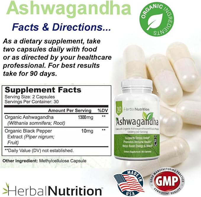 Herbal Nutrition Organic Ashwagandha 120 Vegan Capsules, Withania somnifera Root Powder, Traditional Ayurvedic Herb for Balance, Calm & Daily Wellness, Non-GMO, Plant-Based, Tested for Quality