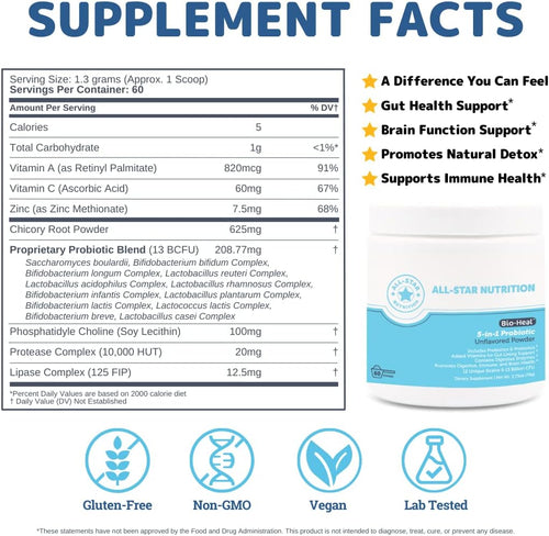 5-in-1 Bio-Heal® Probiotic for Kid, Men & Women (Powder) - Best Supplement for Brain Function, Gut Health & Constipation - Shelf Stable & Fortified with Vitamins, Minerals & Prebiotics