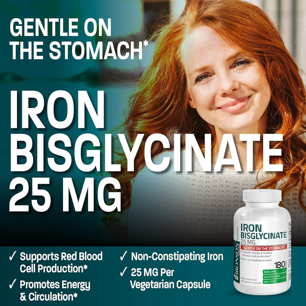 Bronson Iron Bisglycinate 25 mg Gentle on The Stomach, Supports Energy & Healthy Red Blood Cell Production - Non-Constipating Formula - Non GMO, 90 Vegetarian Capsules