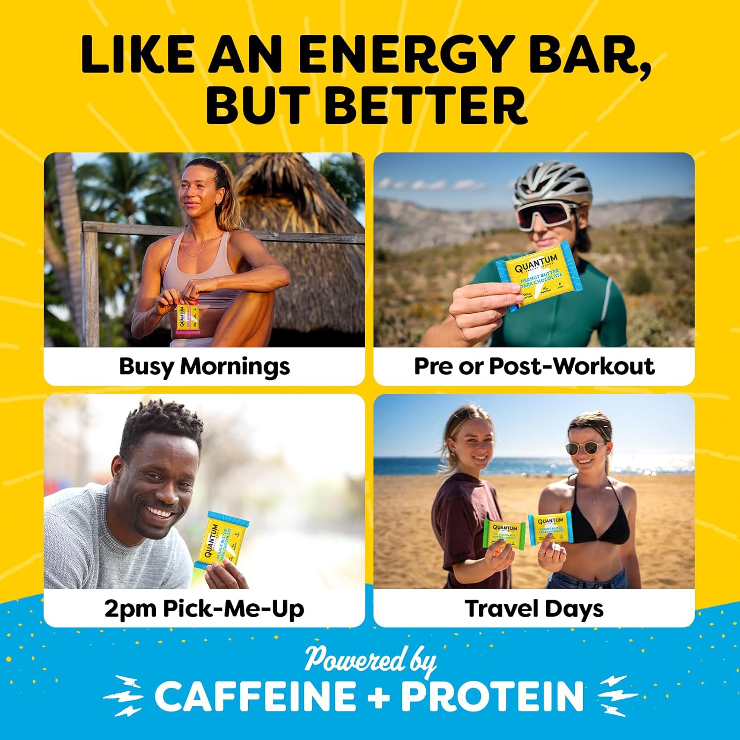 Quantum Energy Square: Energy Bar with Caffeine & 10g Protein. Delicious Healthy Snack On The Go. (Vegan, Gluten-free, Soy-free, Dairy-free) (Variety 8-Pack)