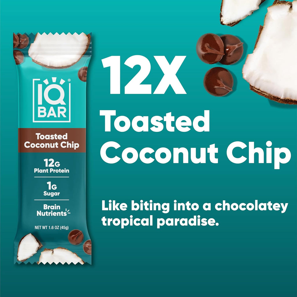 IQBAR Brain and Body Plant Protein Bars - Toasted Coconut Chip - 12-Count Low Carb - Gluten Free, High Fiber, Vegan Snacks - Low Sugar Meal Replacement
