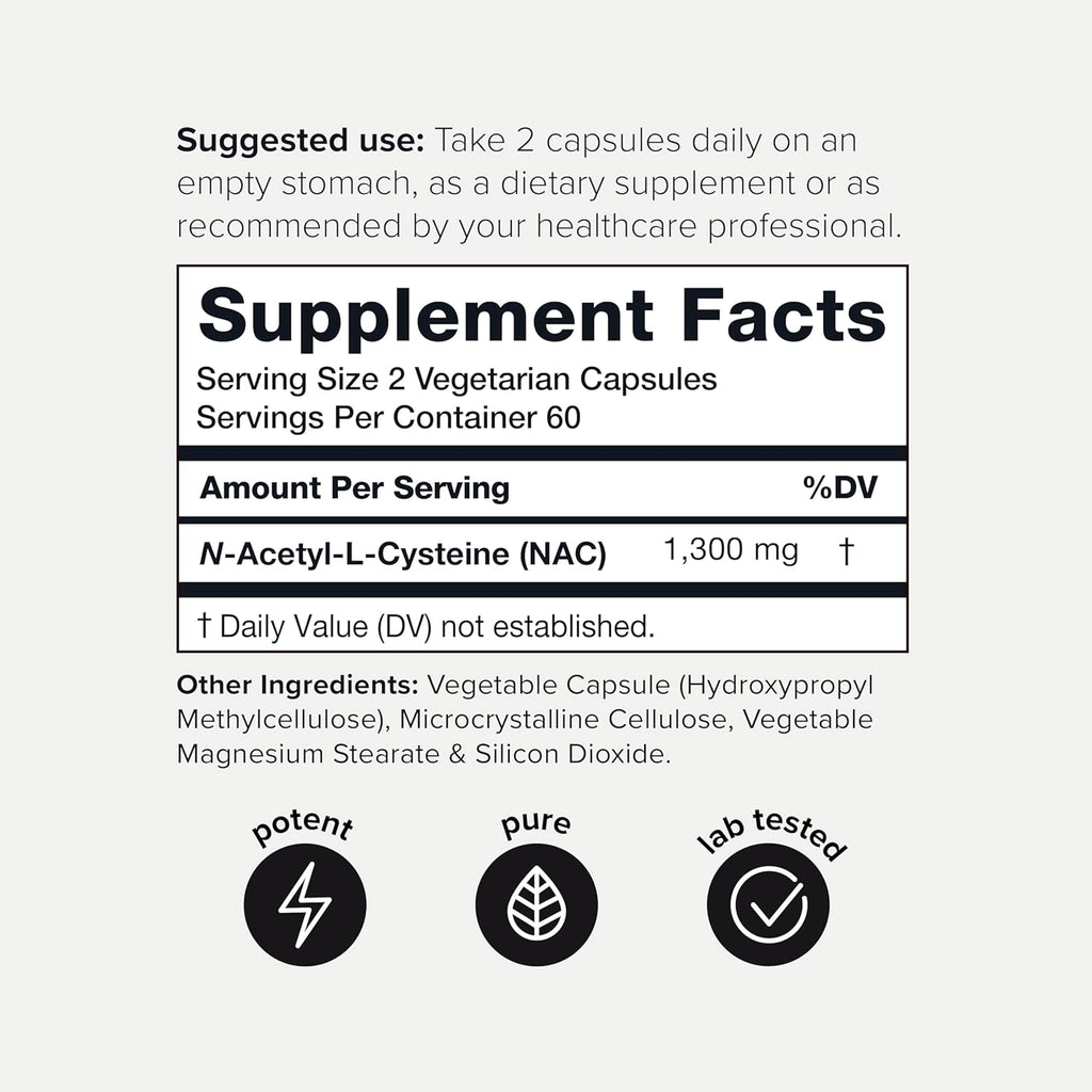 Toniiq 1300mg NAC - 2 Month Supply - Min. 98%+ Tested Purity - Ultra High Strength Bioavailable NAC Cysteine Supplement - 120 Vegetarian N Acetyl Cysteine Capsules -Lab Tested TQ
