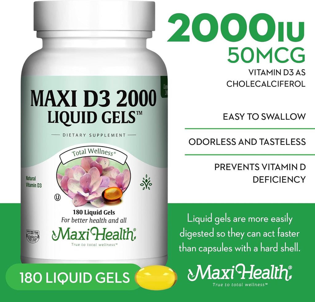 Maxi Health Kosher Vitamin D3 2000IU, Highly Absorbable Vitamin D Supplements for Healthy Immune Response, Calcium Absorption, Teeth & Bone Health - Vit D3 Vitamin 2000 IU - 180 Liquid Gels