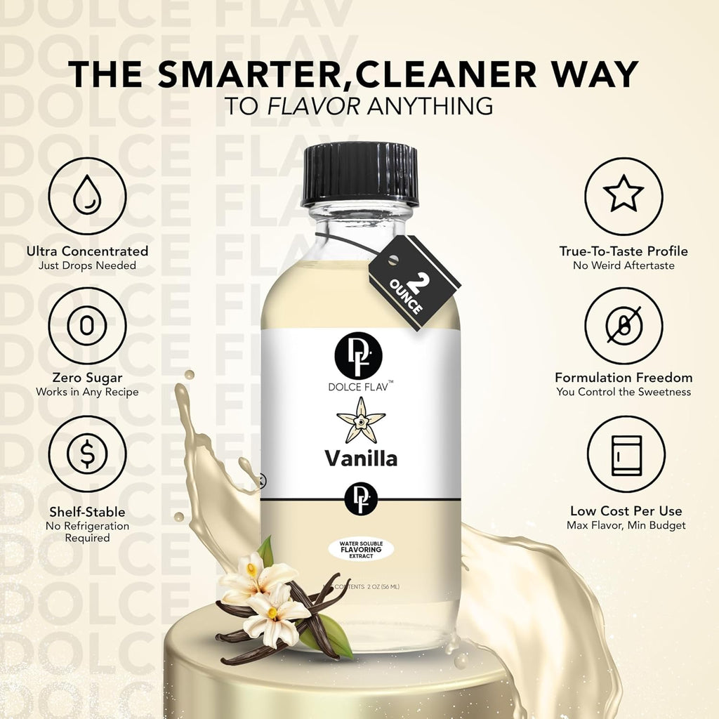 Dolce Flav Vanilla Extract 8 oz – Kosher, Sugar-Free, Concentrated Vanilla Flavoring for Baking, Cookies & Desserts, Includes Measured Dropper