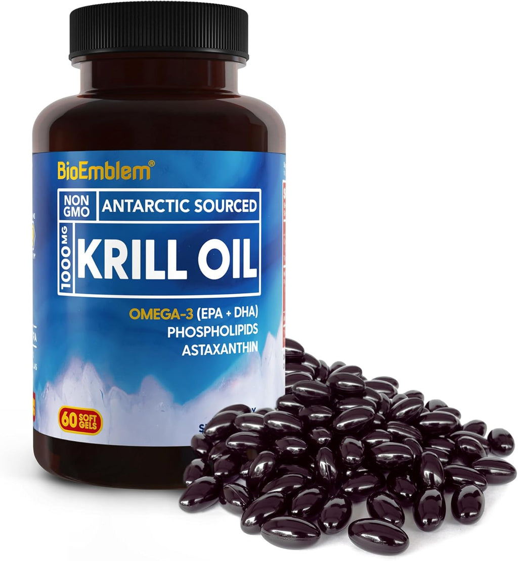 BioEmblem 3 Pack Antarctic Krill Oil 1000mg Softgels, Omega-3s Oil with High Levels of EPA + DHA, Astaxanthin, and Phospholipids, Supports Brain Health, 180-Count Non-GMO, Gluten Free, 90 Days Supply