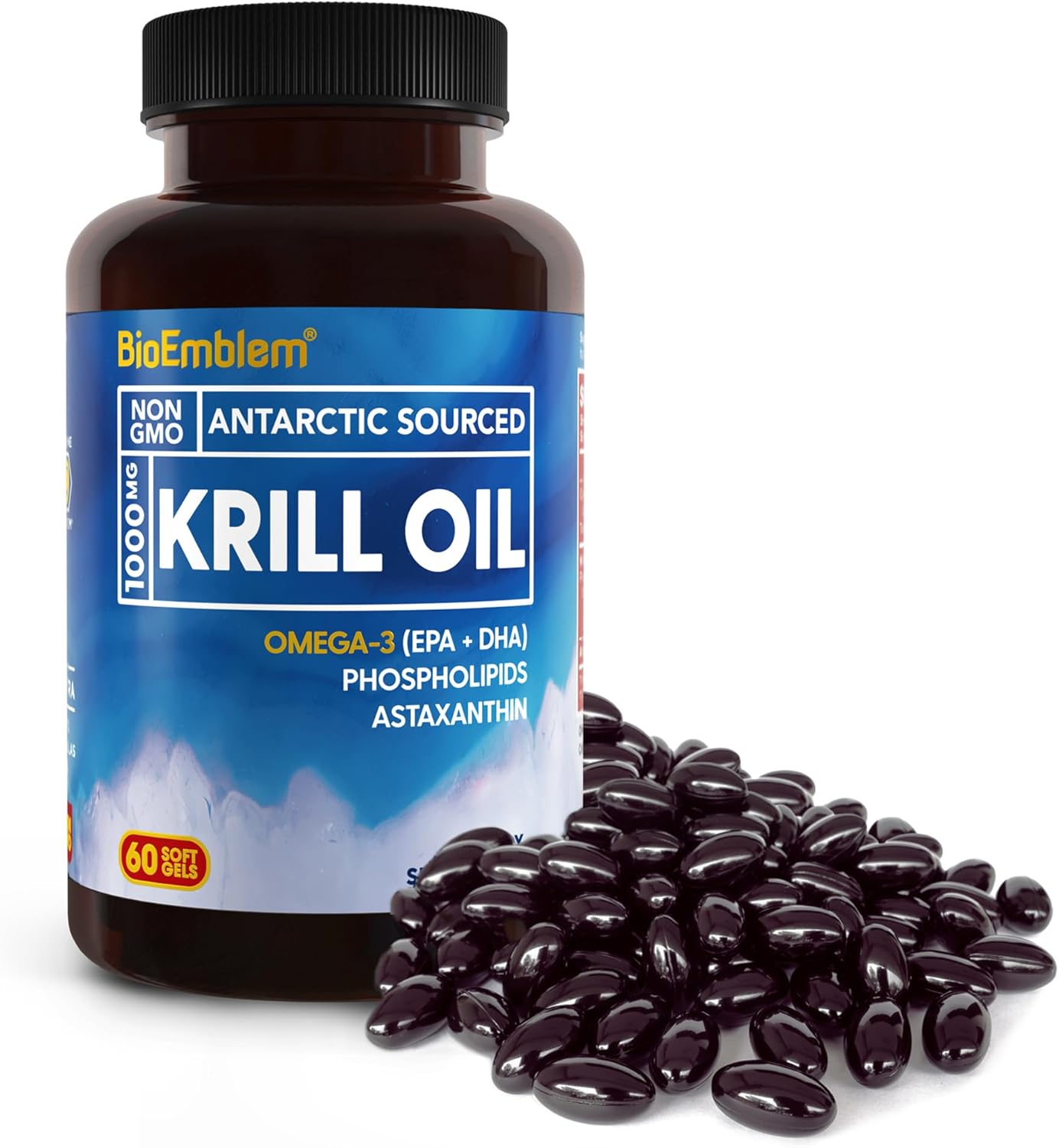 BioEmblem 3 Pack Antarctic Krill Oil 1000mg Softgels, Omega-3s Oil with High Levels of EPA + DHA, Astaxanthin, and Phospholipids, Supports Brain Health, 180-Count Non-GMO, Gluten Free, 90 Days Supply
