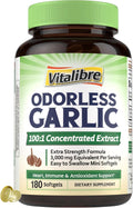 Odorless Garlic, 3,000mg Equivalent Per Serving, Extra Strength 100:1 Extract, Non-GMO, No Gluten, Heart & Immunity, Antioxidant Defense, 180 Softgels