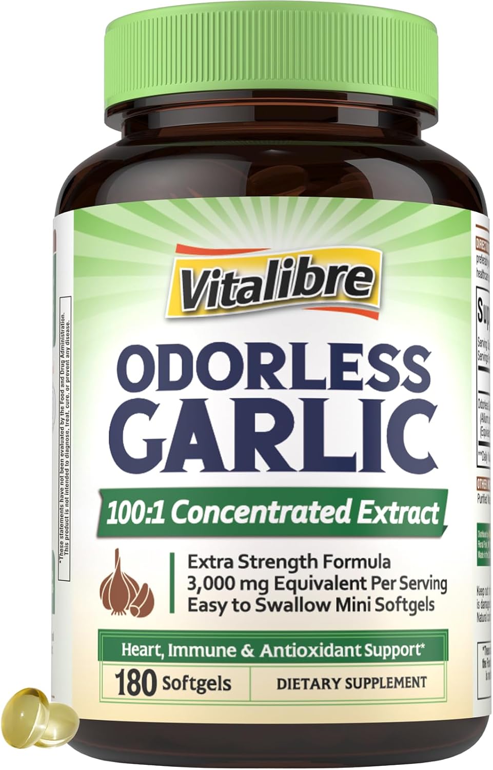Odorless Garlic, 3,000mg Equivalent Per Serving, Extra Strength 100:1 Extract, Non-GMO, No Gluten, Heart & Immunity, Antioxidant Defense, 180 Softgels