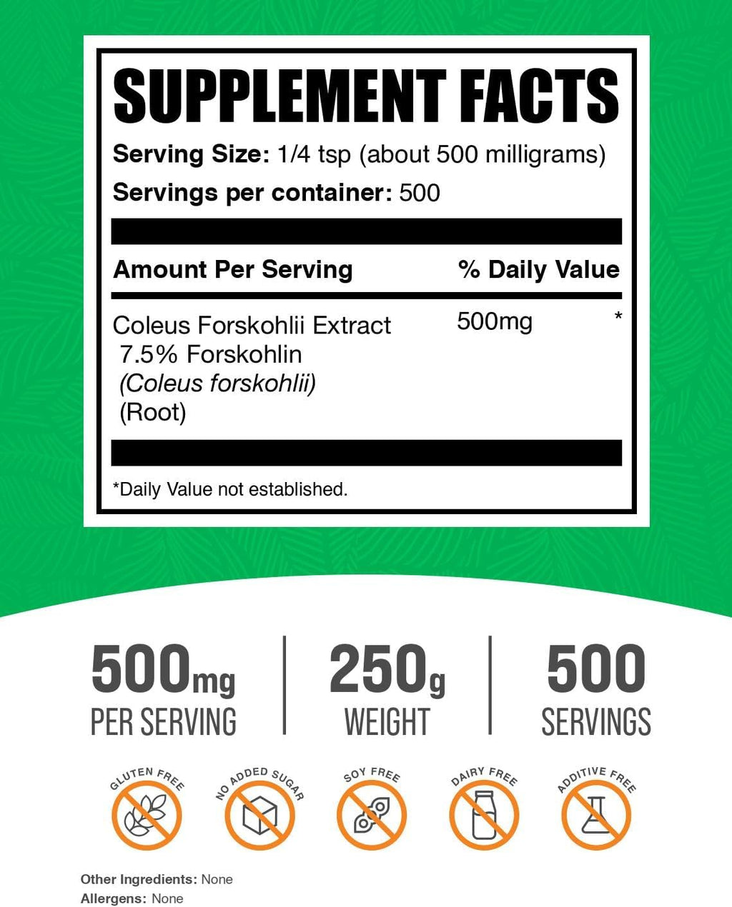 BulkSupplements.com Coleus Forskohlii Extract Powder - Forskolin Supplement, Forskolin Powder - Herbal Supplement, Gluten Free, 500mg per Serving, 250g (8.8 oz) (Pack of 1)