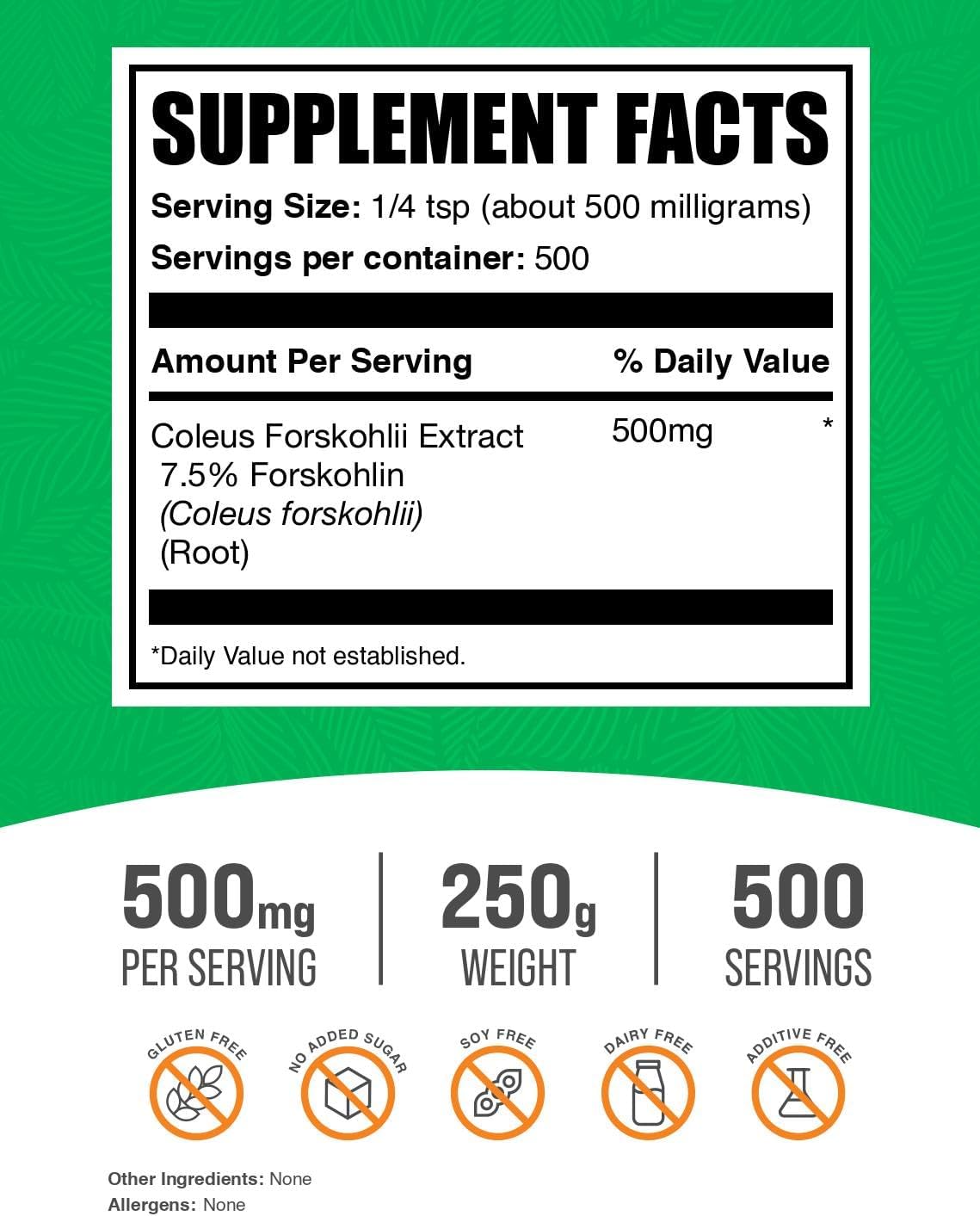 BulkSupplements.com Coleus Forskohlii Extract Powder - Forskolin Supplement, Forskolin Powder - Herbal Supplement, Gluten Free, 500mg per Serving, 250g (8.8 oz) (Pack of 1)