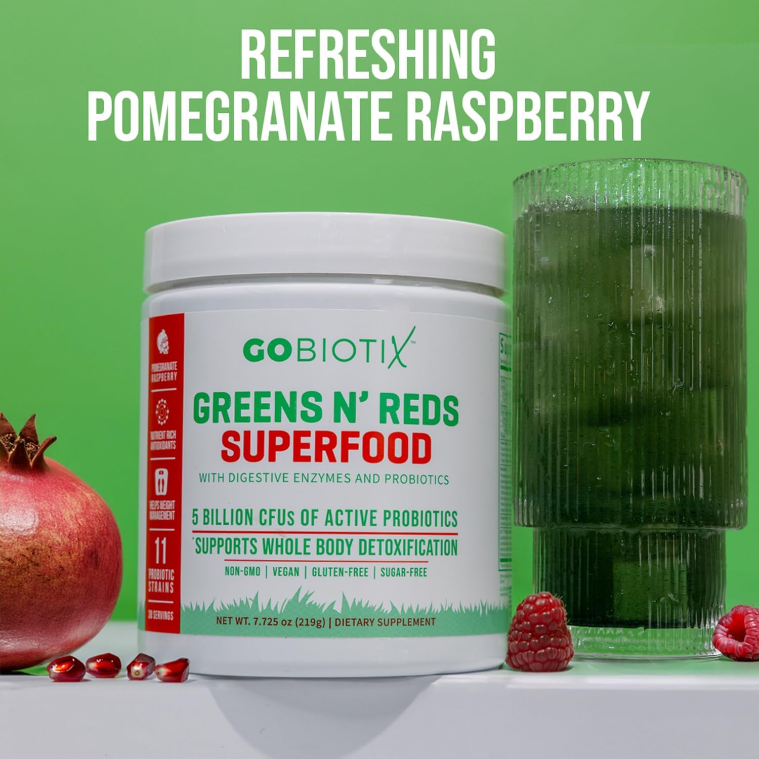 GOBIOTIX Super Greens and Reds Powder - Red and Green Superfood - Probiotic Supplement - Digestive Enzymes and Beet Root Powder - Organic Whole Foods Dietary Supplement (Pom Raspberry, 2 Pack)