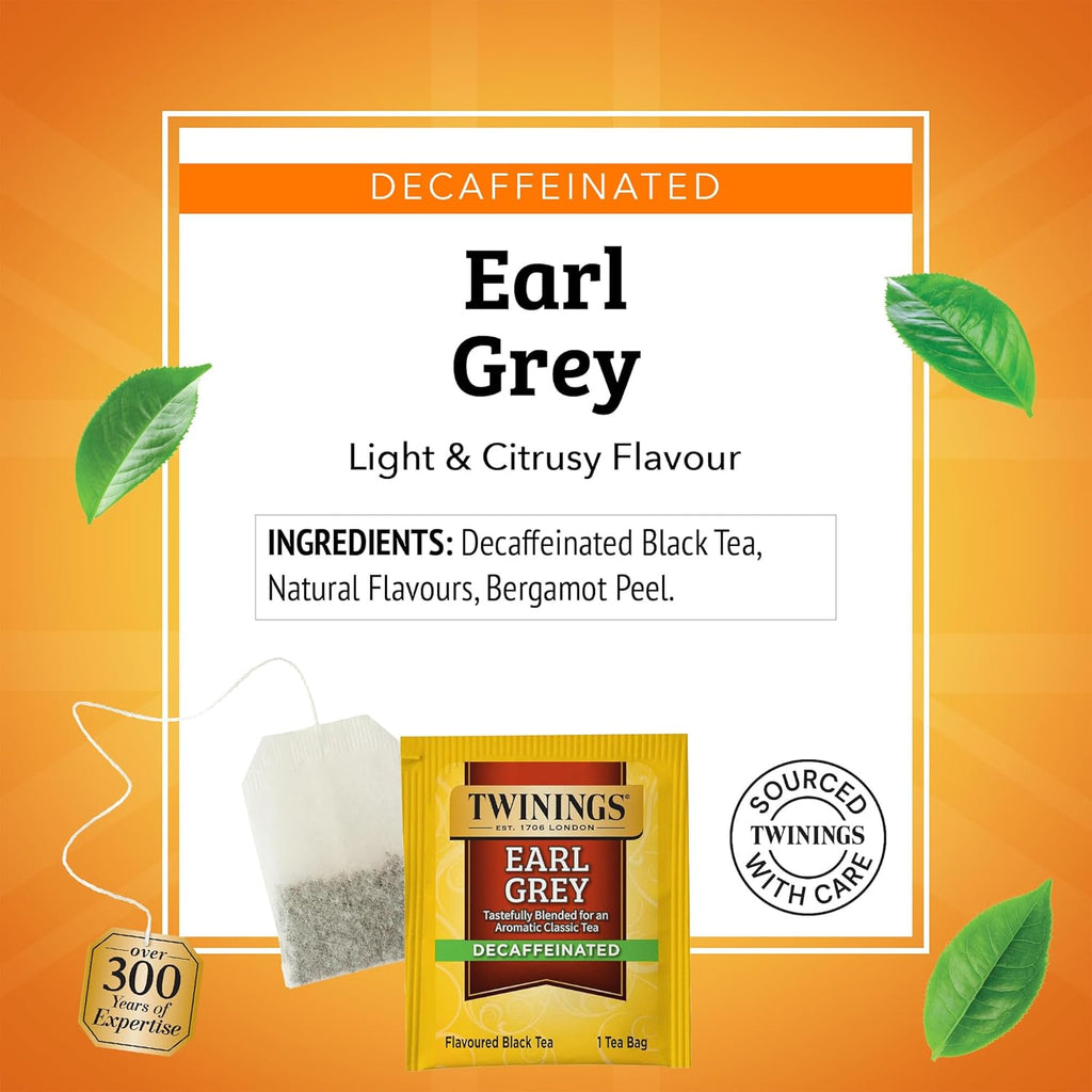 Twinings Decaffeinated Earl Grey Black Tea Individually Wrapped Bags, 20 Count (Pack of 1), Flavoured with Citrus and Bergamot, Enjoy Hot or Iced, 20 Teabags