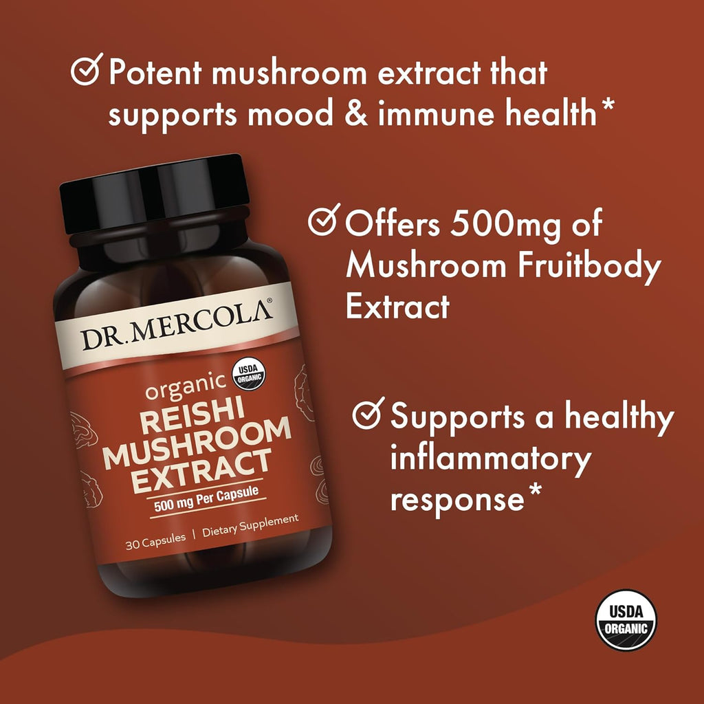 Dr. Mercola Organic Reishi Mushroom Extract, Dietary Supplement, Immune Support, Non-GMO, Certified USDA Organic - 30 Servings (30 Capsules)