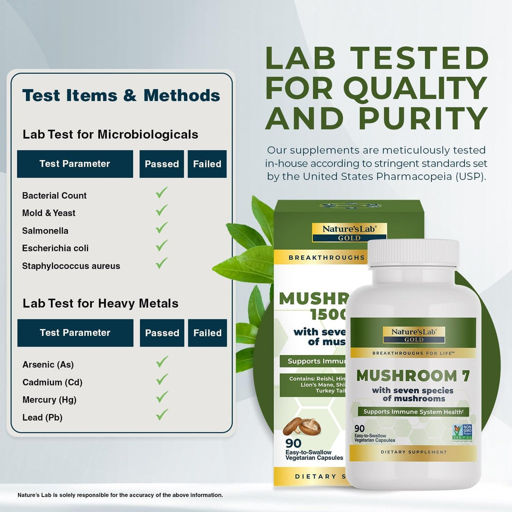 Nature's Lab Mushroom 7 Organic Blend - Benefits The Immune System, Cell Function and Endurance - 90 Capsules (45 Servings)