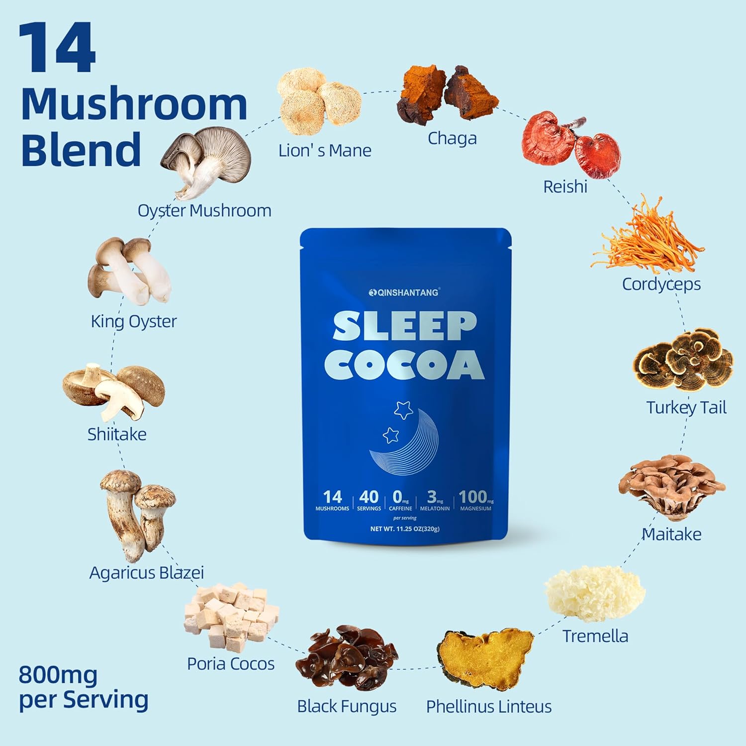 Mushroom Hot Cocoa for Sleep, 40 Servings, Mushroom Hot Chocolate Powder, 14 Mushroom Blend with Magnesium Glycinate, Melatonin, L-Theanine, GABA | Relaxation Calm Aid | Vegan, Keto-Friendly, Gluten-Free