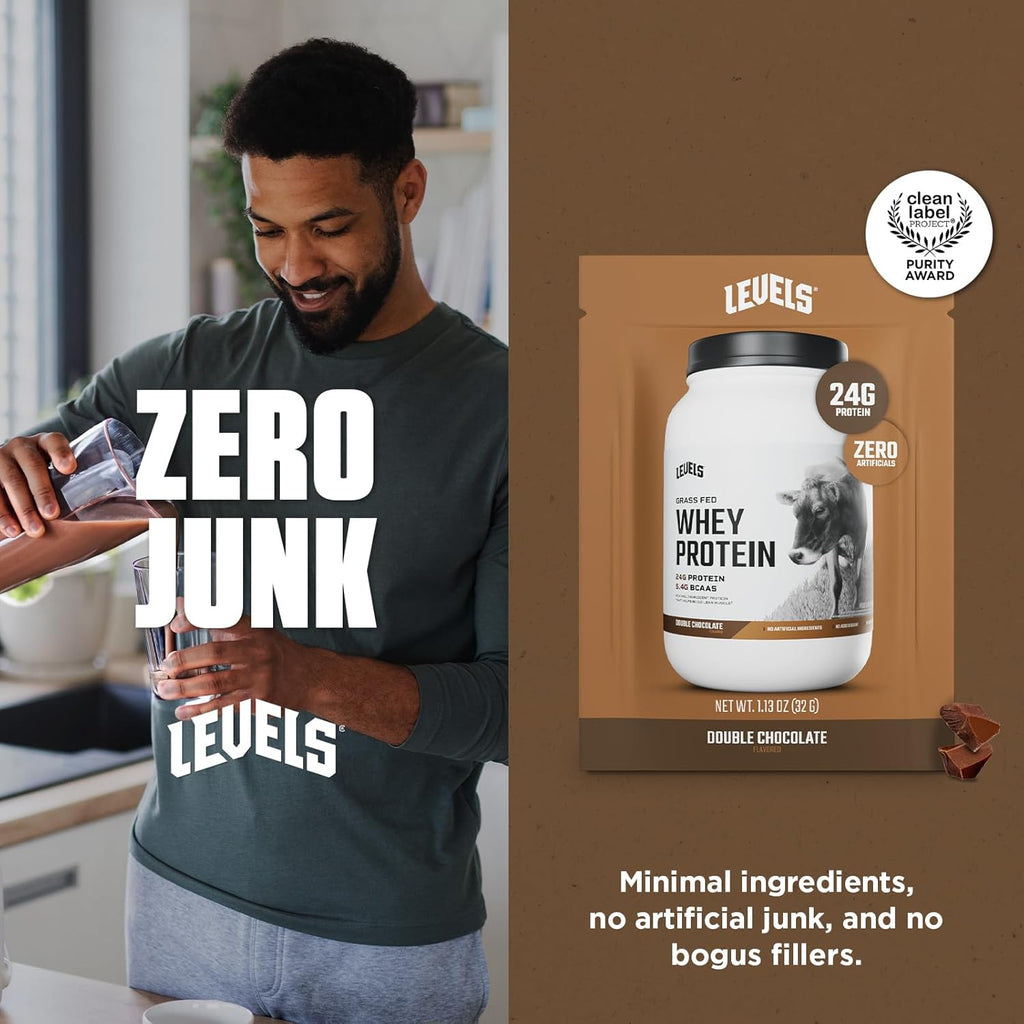 Levels Grass Fed Whey Protein Powder, No Artificials, 24G of Protein, Double Chocolate, 12 Count