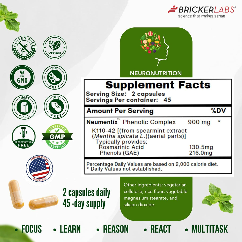 Brain Aid Memory Matters – Nootropic Brain Supplement with Neumentix Spearmint Extract for Cognitive Support, Focus, Concentration, and Memory – 90 Capsules