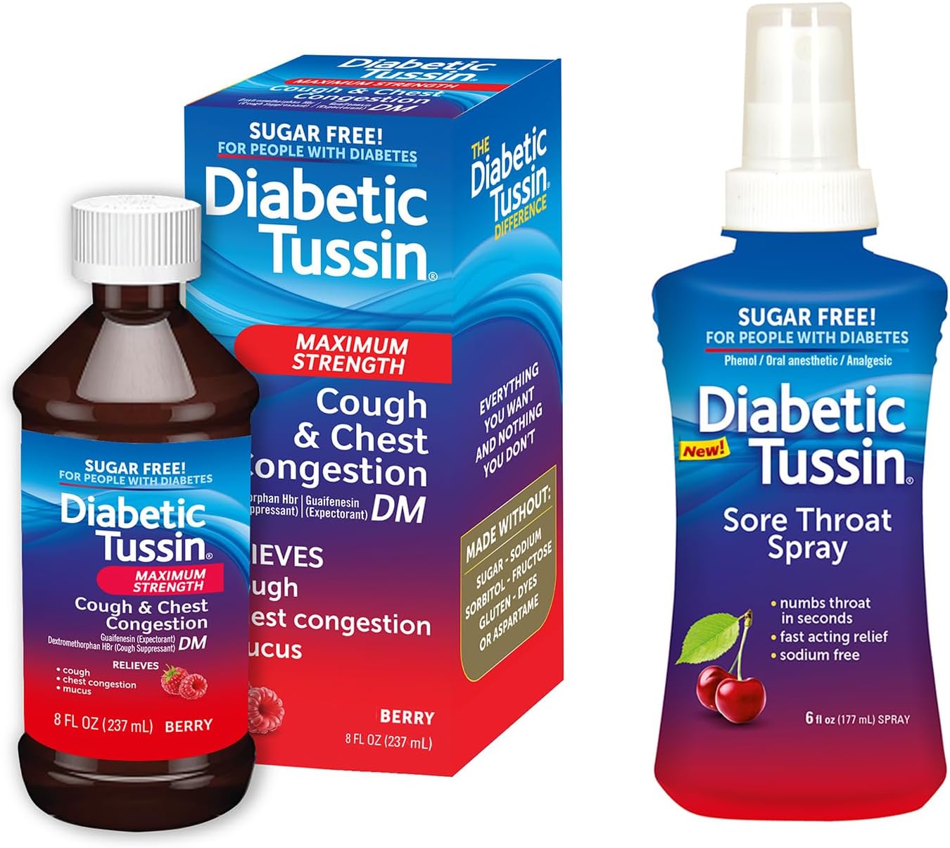 Diabetic Tussin DM Maximum Strength Cough Syrup, Safe for Diabetics, Berry Flavored, 8 oz Sore Throat Spray, Wild Cherry, 6 fl oz